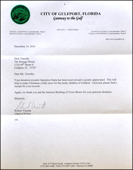 Robert Vincent, Chief of Police, City of Gulfport - Appreciation Letter
